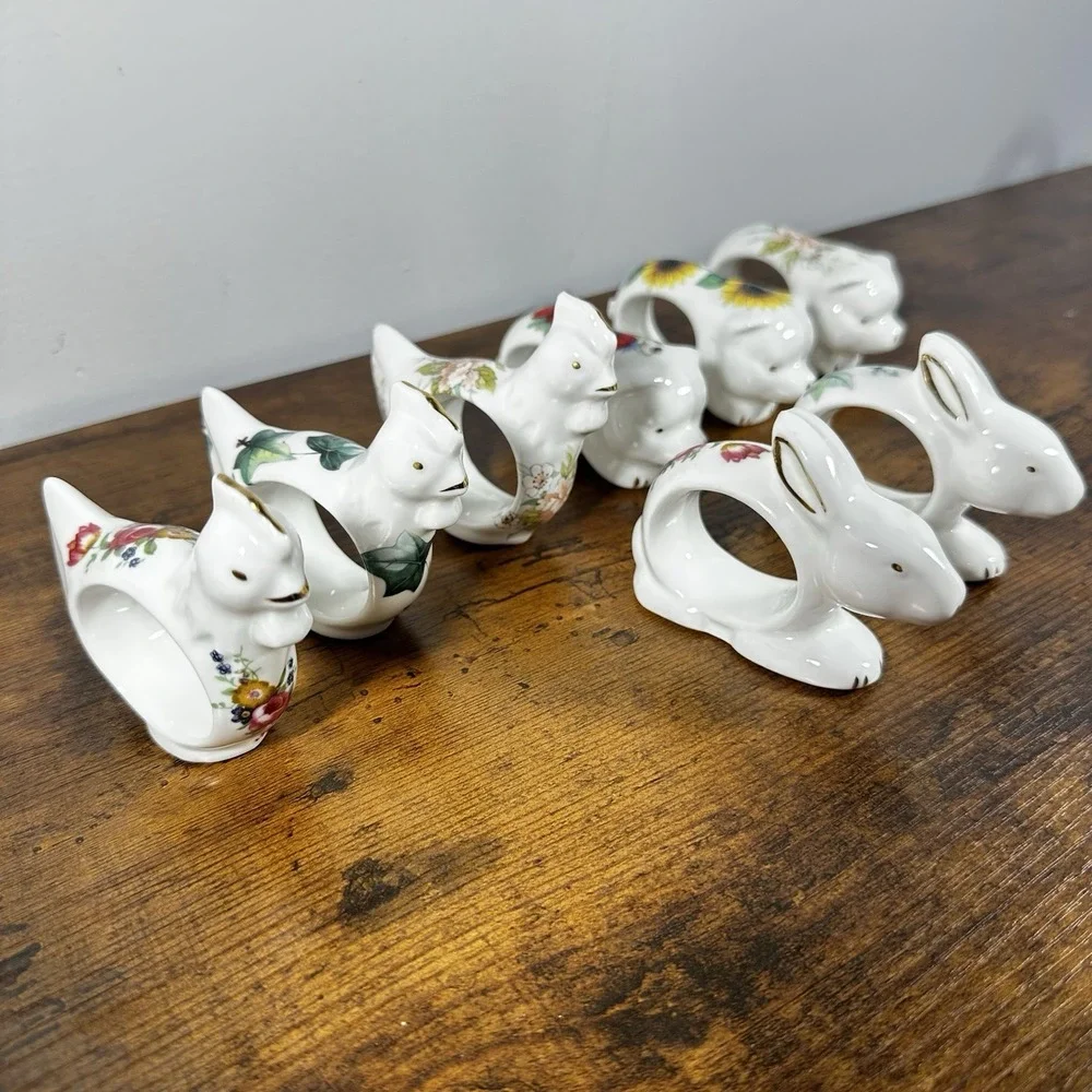 VTG Floral Porcelain‎ Bunny, Pig, Chicken Napkin Rings Spring 8pc Staffordshire